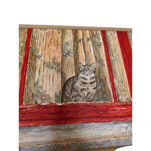 Cat Painting On Canvas With Rustic Wooden Frame Signed By Miller